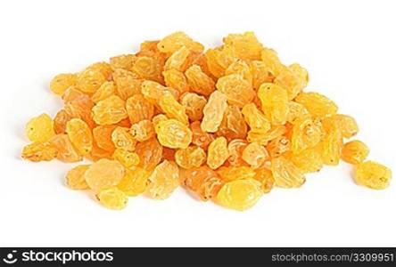 A heap of golden raisins for baking, over a white background with light shadows