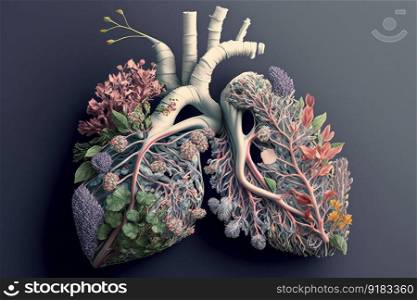 a heart with lungs made from flowers, symbolizing the love and care that goes into every breath, created with generative ai. a heart with lungs made from flowers, symbolizing the love and care that goes into every breath