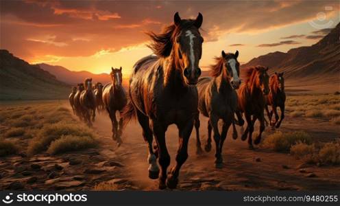 A herd of wild horses rides across the steppe. Generative AI