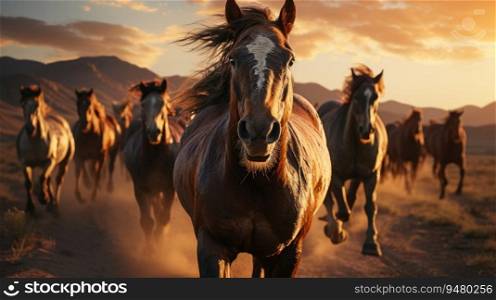A herd of wild horses rides across the steppe. Generative AI