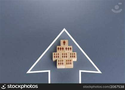 A hierarchical group of people blocks a single formation in an arrow. Unification to achieve the goal. Organization cooperation. Strength in unity, teamwork. Leader, leadership qualities skills