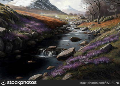 a hillside covered in crocuses, with a stream running nearby, created with generative ai. a hillside covered in crocuses, with a stream running nearby