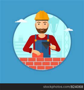 A hipster bricklayer in uniform and hard hat. Bricklayer working with a spatula and a brick in hands on construction site. Vector flat design illustration in the circle isolated on background.. Bricklayer with spatula and brick.