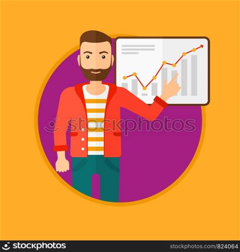 A hipster man with the beard pointing at charts on a board during business presentation. Business vector flat design illustration in the circle isolated on background.. Man making business presentation.