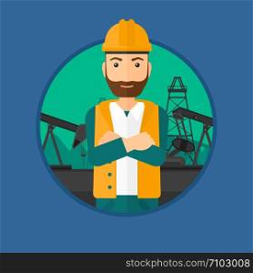 A hipster oil worker in uniform and helmet standing with crossed arms on pump jack background. Vector flat design illustration in the circle isolated on background.. Cnfident oil worker.