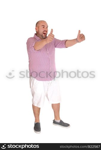 A Hispanic man standing in white shots and a striped shirt stretched out his arm with thumps up, isolated for white background