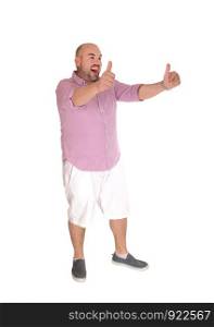 A Hispanic man standing in white shots and a striped shirt stretched out his arm with thumps up, isolated for white background