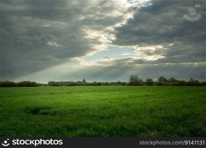 A hole in the clouds and sunshine illuminating a green meadow, Nowiny, Poland