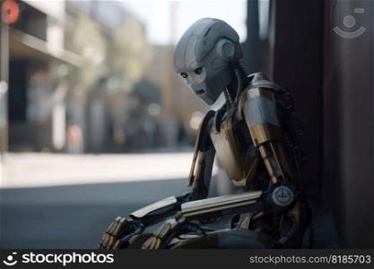 A homeless AI robot sitting on a street corner begging for a few coins created with generative AI technology