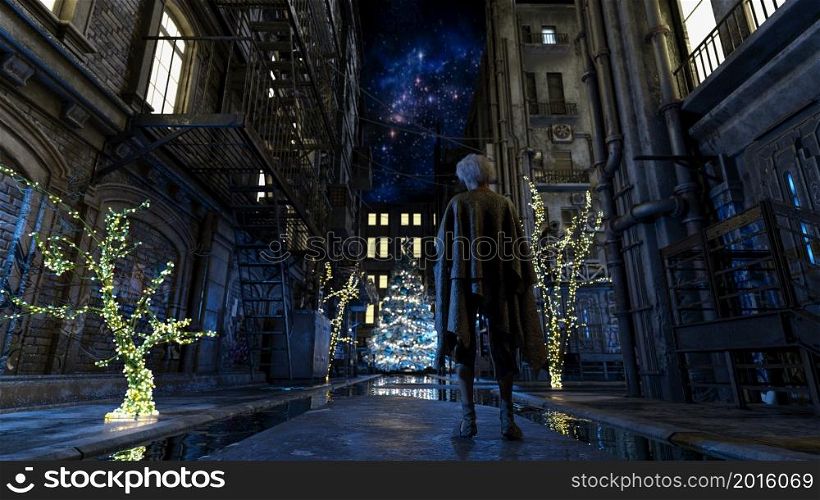 A homeless older man walking in the city on Christmas night - 3d rendering. A homeless older man walking in the city on Christmas night