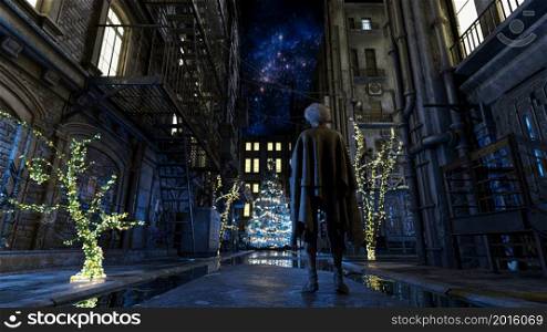 A homeless older man walking in the city on Christmas night - 3d rendering. A homeless older man walking in the city on Christmas night