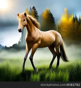 A horse  running freely in a field . AI generated.