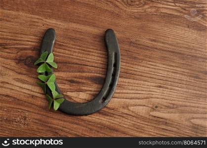 A horse shoe displayed with clovers for St. Patrick's day
