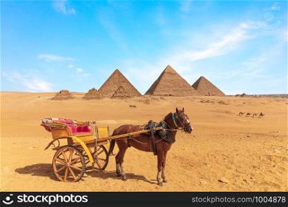 A horse with the cart in front of the Great Pyramids of Giza, Egypt.. A horse with the cart in front of the Great Pyramids of Giza, Egypt