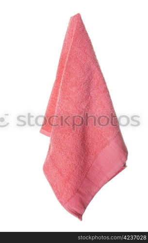 A hot coral colored towel hanging. Isolated on white.