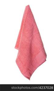 A hot coral colored towel hanging. Isolated on white.