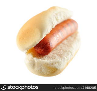 a hot dog , close up on white background
