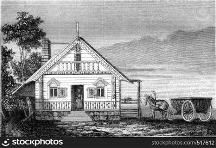 A house in the Russian America, vintage engraved illustration. Magasin Pittoresque 1845.