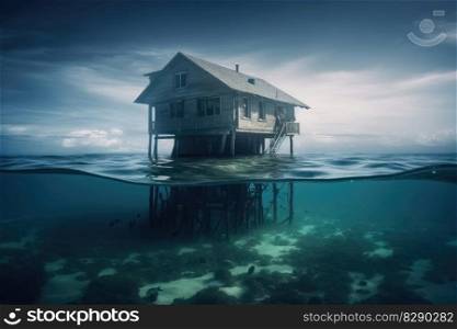 A house on the ground of the ocean under water created with generative AI technology