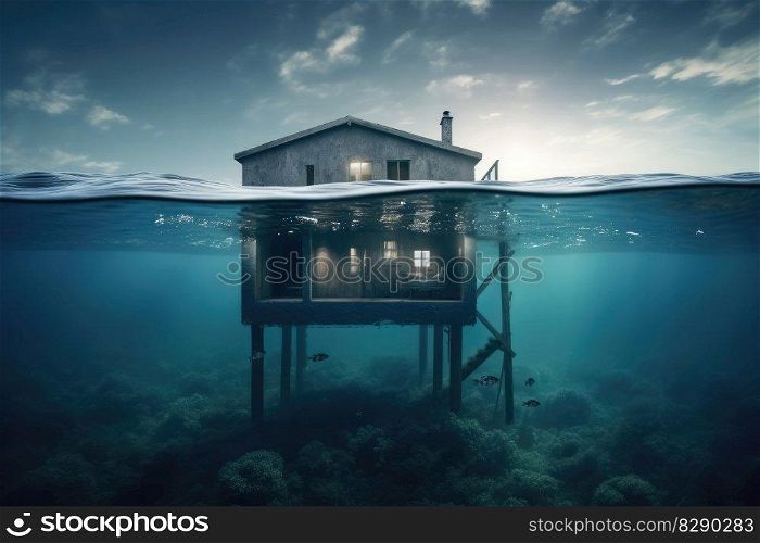 A house on the ground of the ocean under water created with generative AI technology