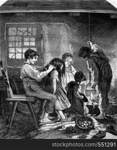 A household of orphans, souvenir des Vosges, vintage engraved illustration. Magasin Pittoresque 1867.