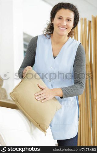 a housekeeper cleaning a sofa