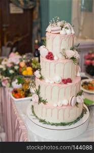 A huge four layer wedding cake.. Chic wedding cake decorated with berries and shells 9672.