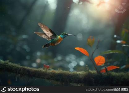A hummingbird perched on a branch, its delicate beak visible as it takes a break from collecting nectar in a lush forest. AI Generative.