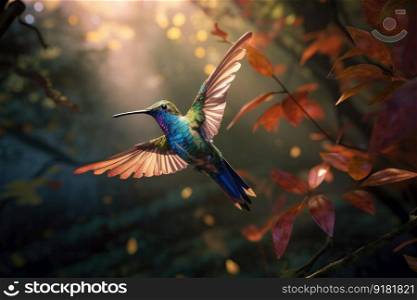 A hummingbird perched on a branch, its wings still as it takes a moment to rest in the heart of a forest. A peaceful and serene moment captured on camera. AI Generative.
