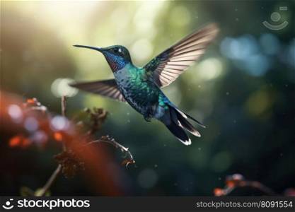 A hummingbird taking a break from its busy day to rest on a branch in the heart of a lush forest. A peaceful and serene moment captured on camera. AI Generative.