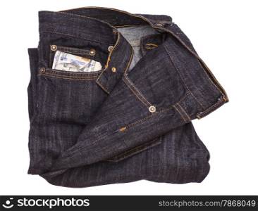 A hundred dollar bills sticking out of the pocket of denim jeans