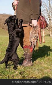 A hunter and his dog after a sucesful shoot
