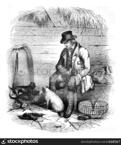A hunter of rats, England, vintage engraved illustration. Magasin Pittoresque 1841.