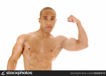 A Jamaican young man standing from the front and shoeing his bicepsfor white background.