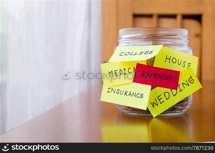 A jar of coins with expenses and other words or labels on savings money jar