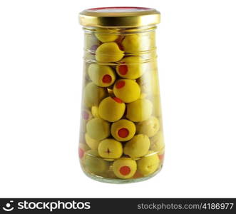 a jar of green olives on white background