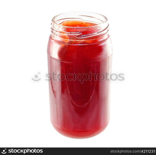 a jar of strawberry jelly on white background
