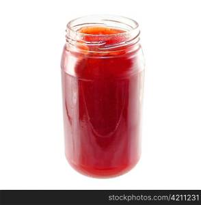 a jar of strawberry jelly on white background
