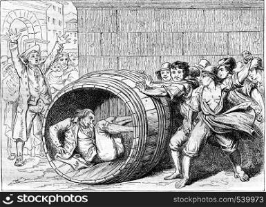 A Jew runs into a barrel by the Romans, vintage engraved illustration. Magasin Pittoresque 1857.
