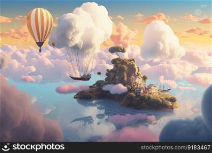 a journey through a magical dreamscape, featuring floating clouds and surreal scenery, created with generative ai. a journey through a magical dreamscape, featuring floating clouds and surreal scenery