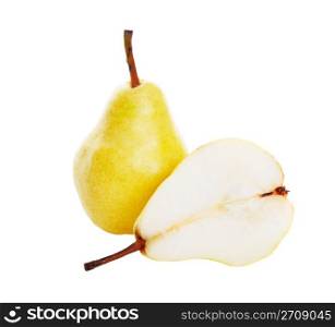 A juicy, ripe, yellow pear and a half. Shot on white background.
