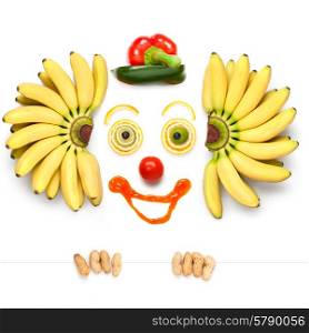 A kind clown made of vegetables and cheese.