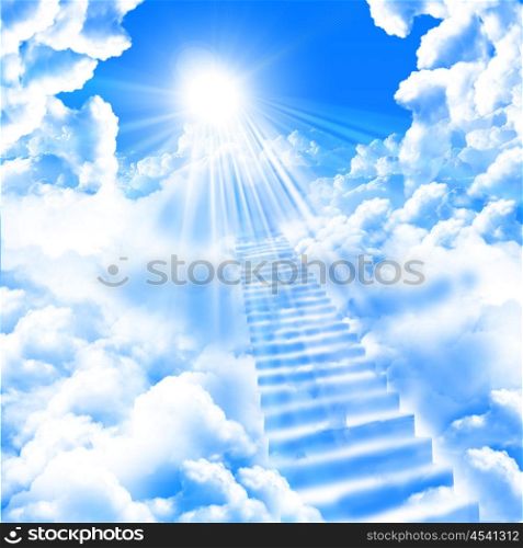 a ladder directed up to blue cloudy skies and sun