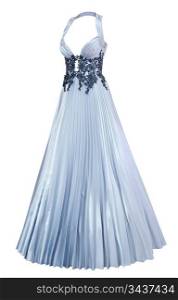 a ladies silver satin evening dress with a pleated skirt