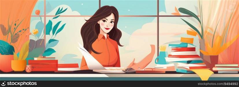 A lady sitting behind a desk in a styleful and bright office