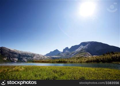 A lake landscape with moutain in northern Norway