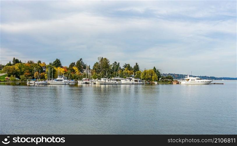 A Lake Wasington marina and colorful fall trees in Seattle, Washington.