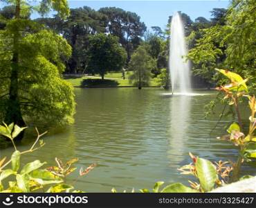 A lake with fountain in a park