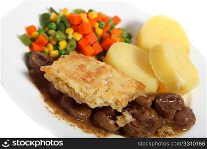 A lamb&acute;s kidney pie, with suet crust pastry, served with boiled potatoes and mixed vegetables.