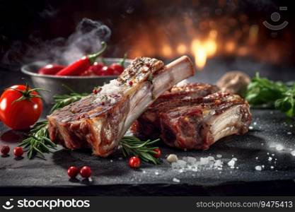 A Lamb Rib grill with meat on it and a fire in the background